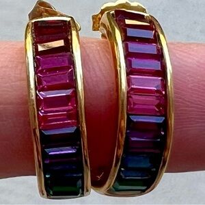 Vintage Roman Rainbow Crystal Half Hoop Earrings Gold Tone